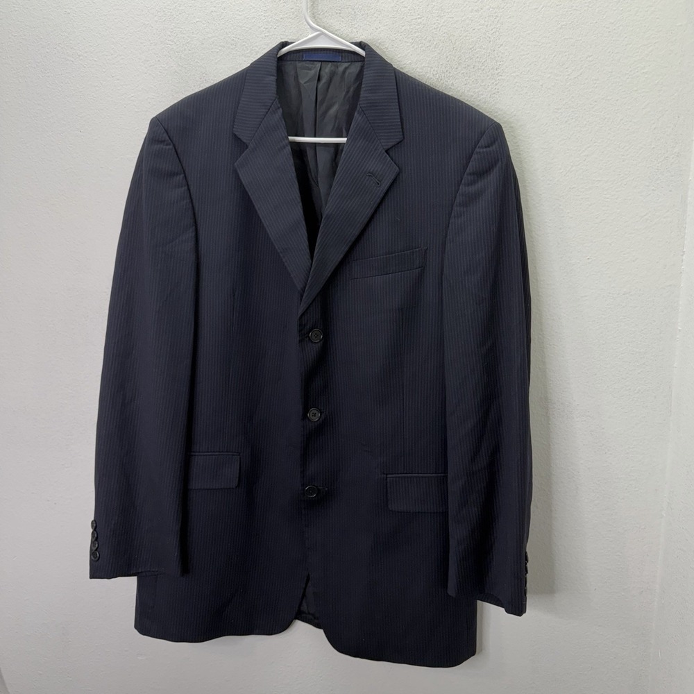 Daniel Cremieux 42L Loro Piana Fabric Black Blue Pinstripe Wool Blazer 3 Button